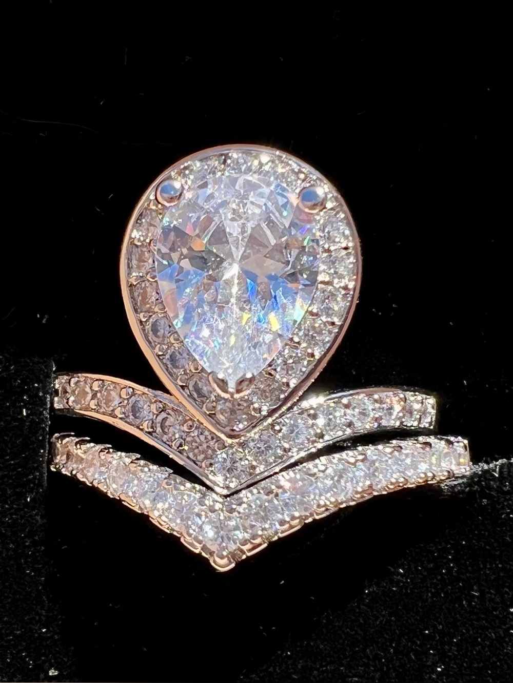 Moissanite Pear Halo Bridal Ring Set in Silver